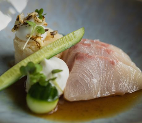 Pez Limón en Sashimi con Caldo de Pollo, Salsa de Pescado, Yuzu, Ponzu y Arroz de Pepino al Yogur