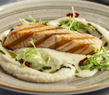 Salmón Macerado a la Parrilla sobre Puré de Patata y Coliflor con aceite de Hinojo y Yogur