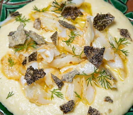 Brandada de Bacalao sobre Compota de Pimientos, Cherrys y Cerezas