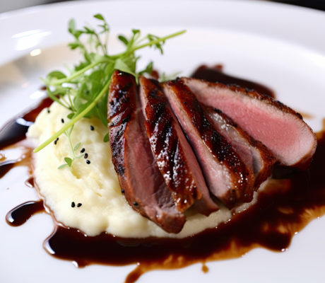 Magret de Pato sobre Puré de Patata con Hinojo, Puerro y Coliflor
