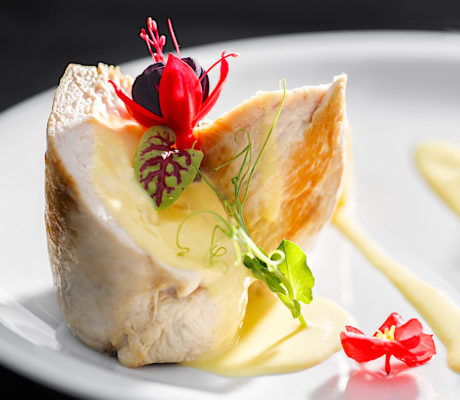 Rollo de Pollo con Terrina de Foie y Cremoso de Coco al Curry