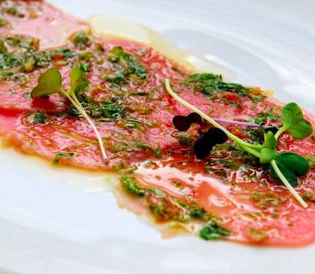 Carpaccio de Ternera con su Vinagreta y Crema dulce