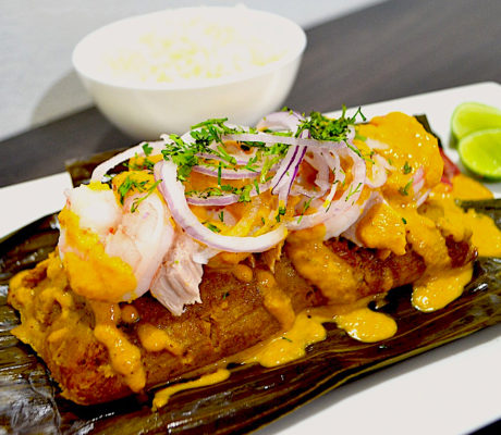 Tamales de Maíz y Plátano con Gambas y Bonito en Escabeche de Ají