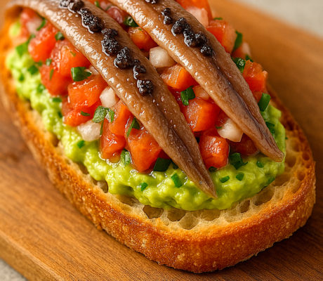 Tosta con Guacamole, Pico de gallo, Anchoas y Aceite de Aceituna Negra