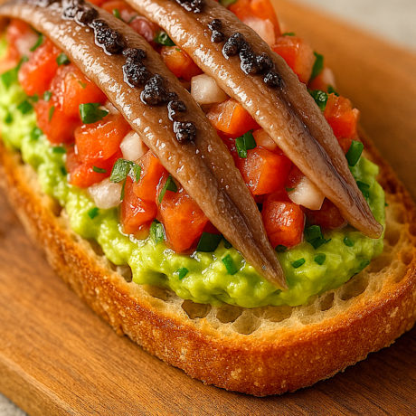 Tosta con Guacamole, Pico de gallo, Anchoas y Aceite de Aceituna Negra