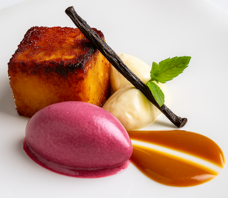 Torrija de Brioche Caramelizada con Helado de Vino Tinto y Crema de Vainilla