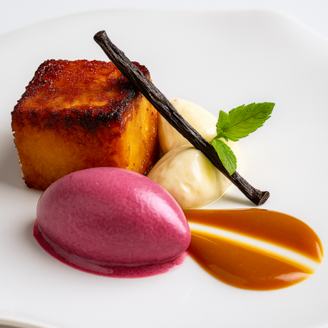 Torrija de Brioche Caramelizada con Helado de Vino Tinto y Crema de Vainilla