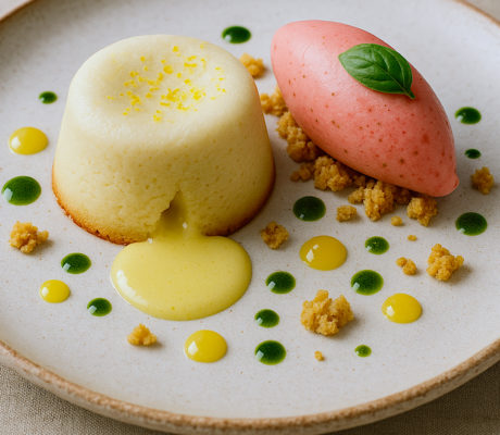 Coulant de Chocolate Blanco y Limón con Helado de Fresa y Albahaca