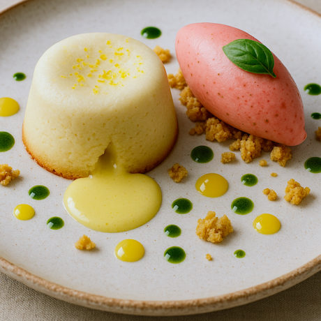 Coulant de Chocolate Blanco y Limón con Helado de Fresa y Albahaca