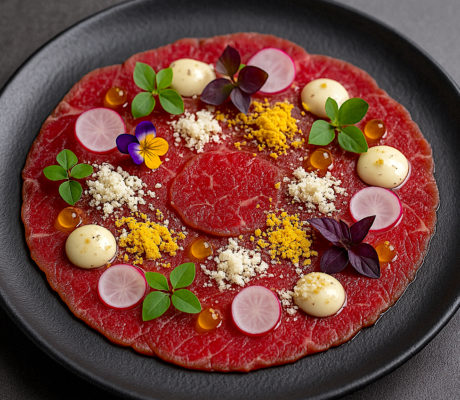 Carpaccio de Carne Madurada con Emulsión de Trufa Blanca y Tierra de Parmesano