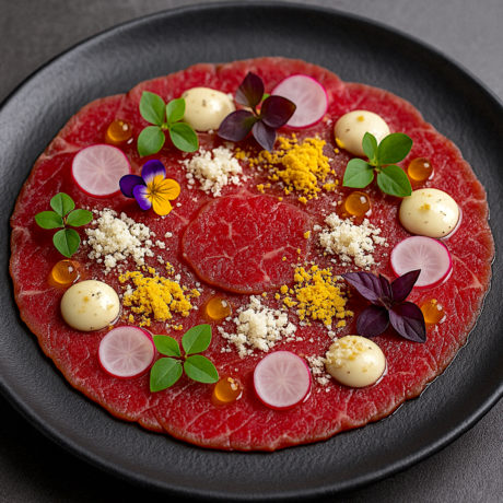 Carpaccio de Carne Madurada con Emulsión de Trufa Blanca y Tierra de Parmesano