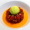 Tartar de Atún Rojo sobre Salmorejo de Marisco y Gazpacho de Aguacate con Wasabi