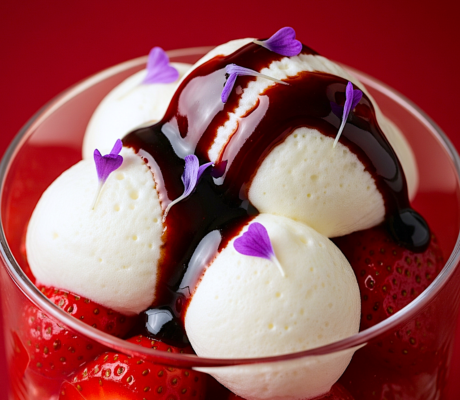 Espuma de Idiazábal con Fresas confitadas y Reducción de Cabernet