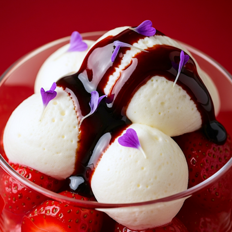 Espuma de Idiazábal con Fresas confitadas y Reducción de Cabernet