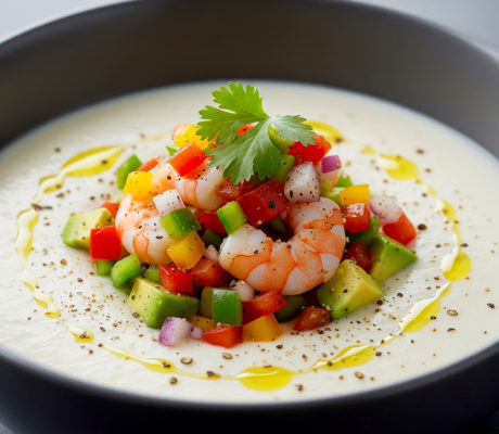 Ajoblanco de Coco con Salpicón de Gambas