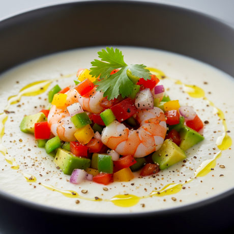 Ajoblanco de Coco con Salpicón de Gambas
