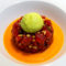 Tartar de Atún Rojo sobre Salmorejo de Marisco y Gazpacho de Aguacate con Wasabi