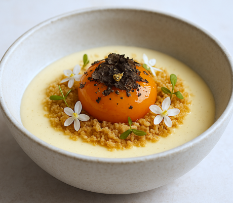 Natillas de Trufa Negra a la Vainilla, Yema Curada y Crumble de Mantequilla de Avellanas