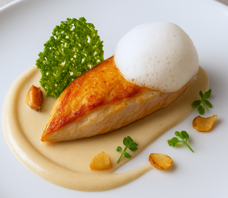 Pollo Suprema en Crema de Ajos Asados con Aire de Parmesano