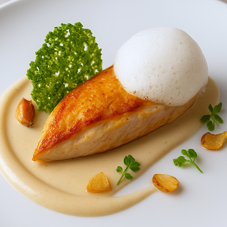 Pollo Suprema en Crema de Ajos Asados con Aire de Parmesano