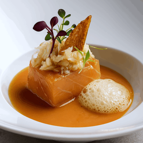 Salmón Ahumado al Romero con Txangurro y Jugo Ligado de Membrillo Asia