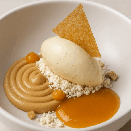 Praliné Salado de Frutos Secos con Caramelo al Ron, Crema Helada y Frutas de Verano