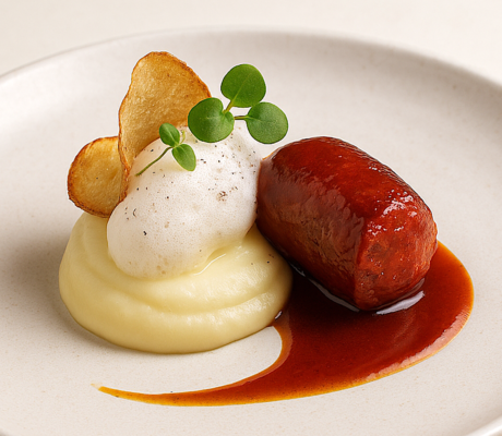 Chorizo a la Sidra sobre Puré Fino y Espuma Ácida de Sidra con sus Chips