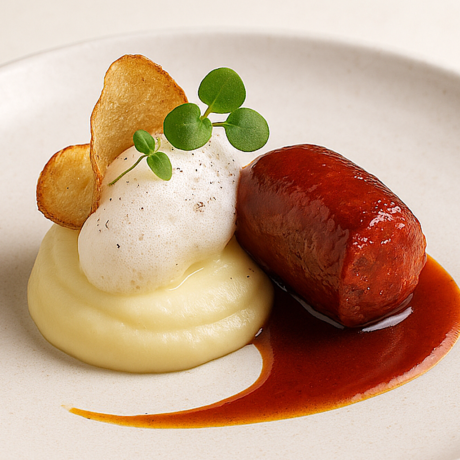 Chorizo a la Sidra sobre Puré Fino y Espuma Ácida de Sidra con sus Chips