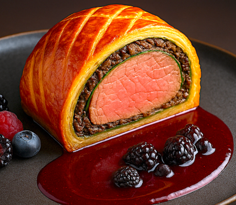 Solomillo Wellington con Duxelle de Setas al Foie y Salsa de Frutos Rojos