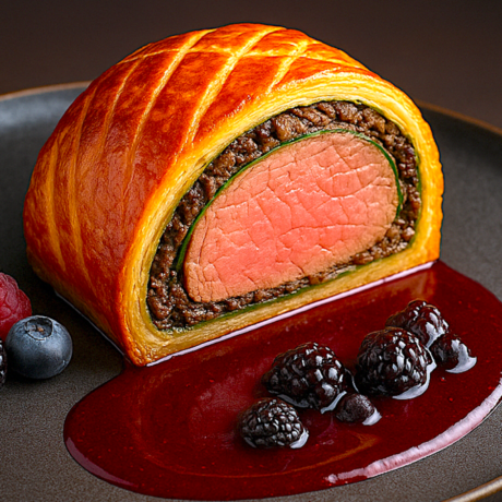 Solomillo Wellington con Duxelle de Setas al Foie y Salsa de Frutos Rojos