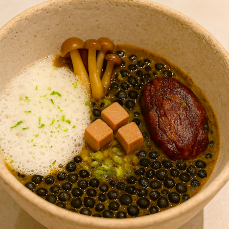 Lenteja Caviar Guisada al Curry Japonés con Ganso, Perdiz y Aire de Coco