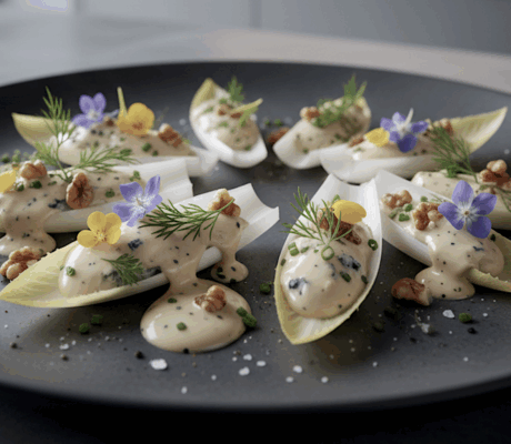 Endivias con Espárragos, Mazapán y Crema de Queso Azul