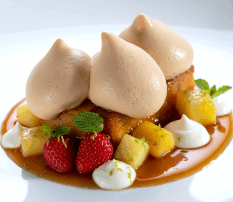 Espuma de Toffee con Yogur Griego a la Vainilla y Frutas Asadas Estofadas