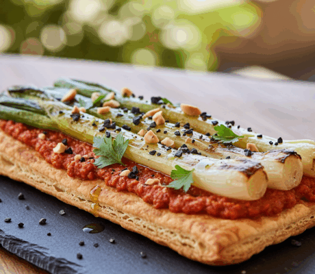 Coca de Calçots con Salsa Romesco y Migas de Aceituna Negra