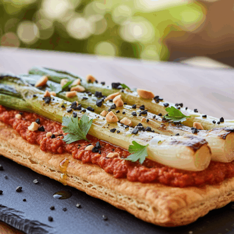 Coca de Calçots con Salsa Romesco y Migas de Aceituna Negra