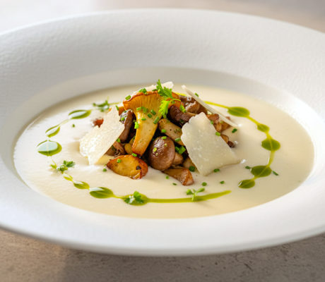 Crema de Espárragos Blancos al Parmesano con Setas Salteadas