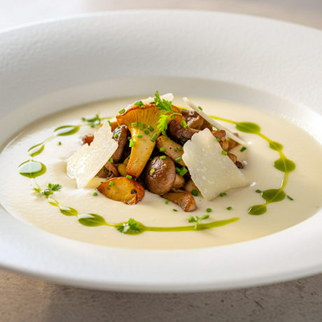 Crema de Espárragos Blancos al Parmesano con Setas Salteadas