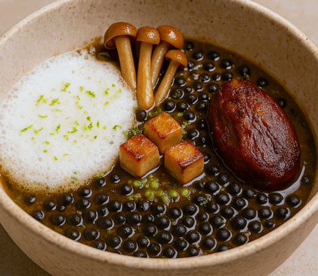 Lenteja Caviar Guisada al Curry Japonés con Ganso, Perdiz y Aire de Coco