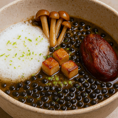 Lenteja Caviar Guisada al Curry Japonés con Ganso, Perdiz y Aire de Coco