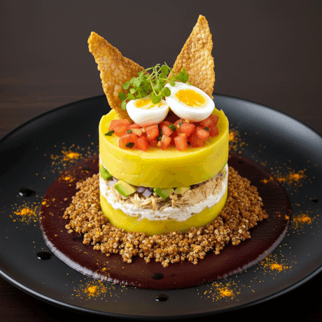 Causa Limeña con Salsa de Botija con Moras y Vermouth Rojo