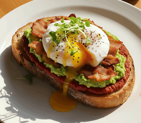 Tosta de Tomate y Aguacate con Bacon Crujiente y Huevo poché