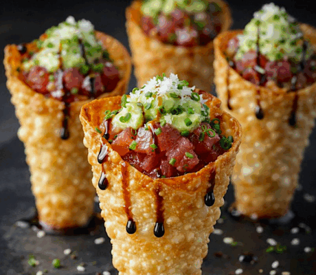 Tartar de Gamba Blanca y Atún Rojo con Guacamole Japonés en Cucurucho