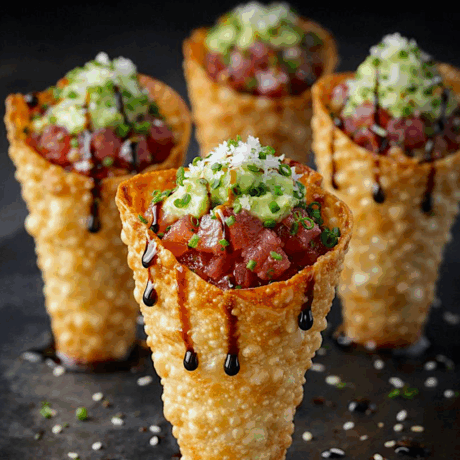 Tartar de Gamba Blanca y Atún Rojo con Guacamole Japonés en Cucurucho