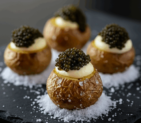 Patatas Arrugadas Rellenas de Huevo de Codorniz con Alioli y Caviar