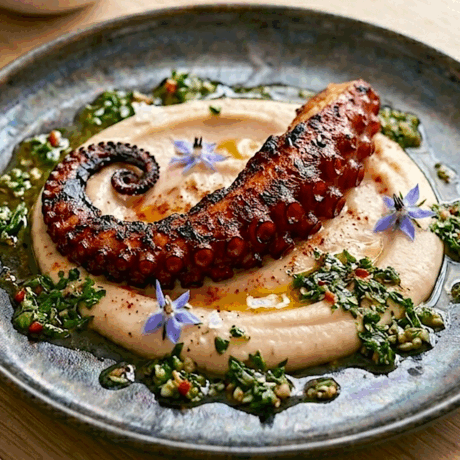 Pulpo Ahumado a la Brasa con Puré y Chimichurri