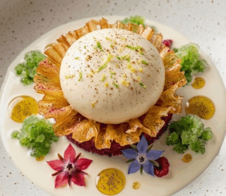 Bizcocho con Frutas, Granizado y Espuma tibia de Vainilla