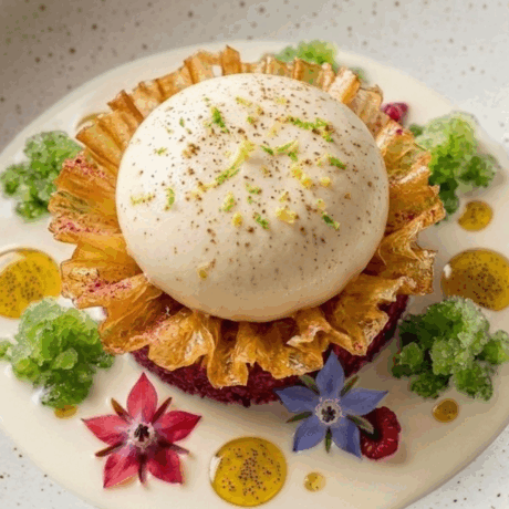 Bizcocho con Frutas, Granizado y Espuma tibia de Vainilla