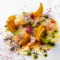 Ceviche de Hamachi Curado con Erizos, Leche de Tigre Pasión y Mojo Verde