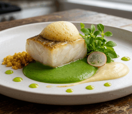 Merluza con Holandesa Aireada, Esencia Marina y Toques Vegetales