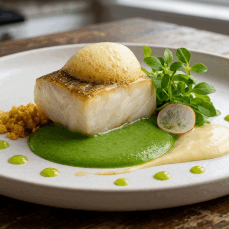 Merluza con Holandesa Aireada, Esencia Marina y Toques Vegetales